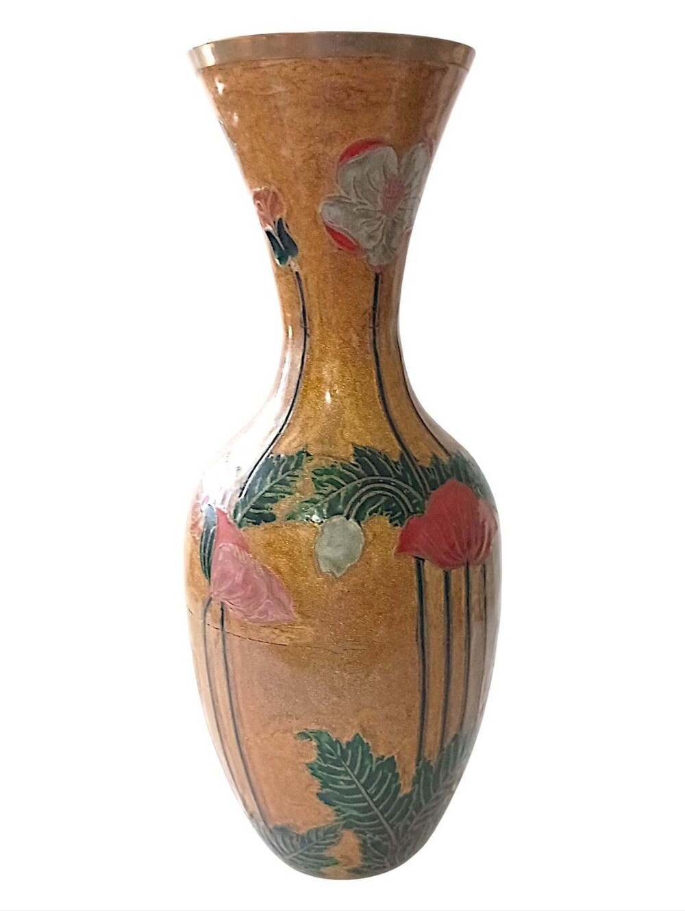 Vintage Enameled Brass Vase LARGE Cloisonne Champleve Ornate Etched Floral READ - Picture 13 of 16